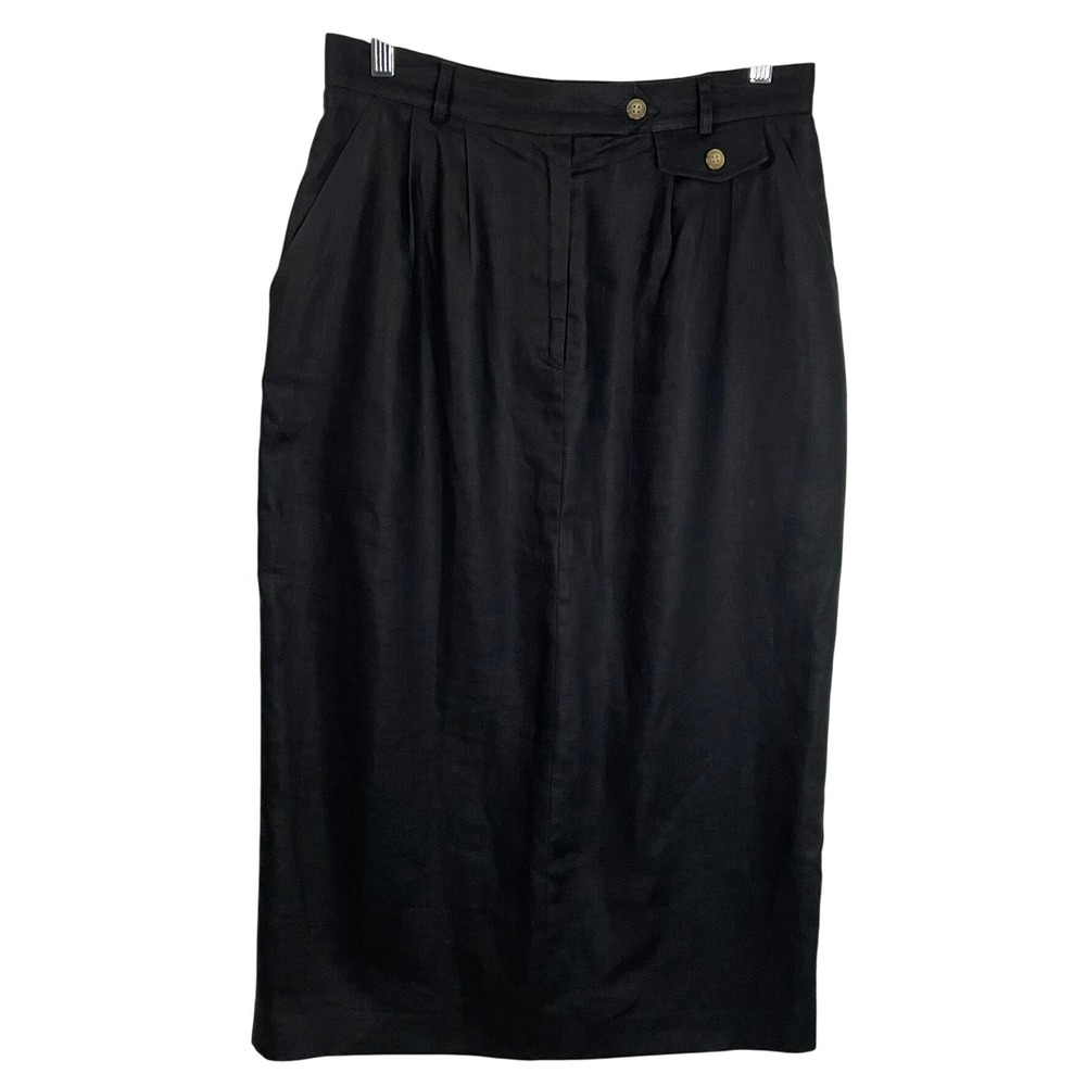 Talbots Womens 12 Black Linen Pleated Midi Pencil Skirt High Waist Side Pockets